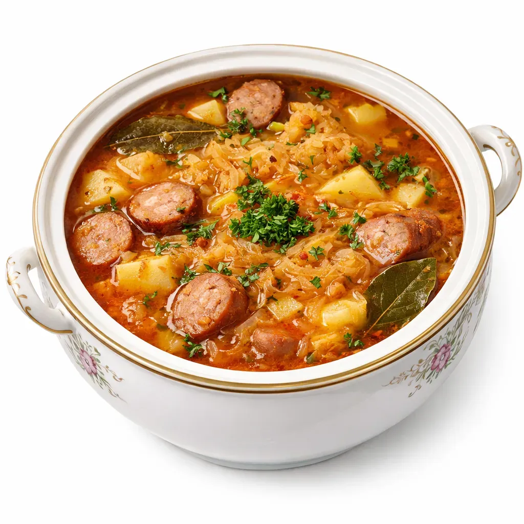 A comforting soup that blends Czech and Hungarian traditions, featuring smoky sausage and hearty potatoes, perfect for warming cold days.
