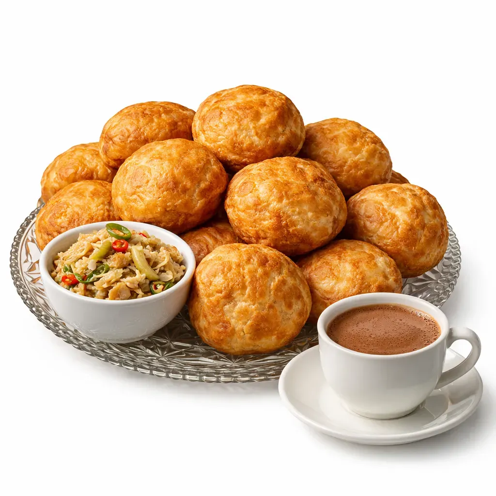 A traditional Caribbean breakfast featuring Bakes or Johnny Cakes paired with flavorful saltfish and a comforting Dominican Cocoa Tea.