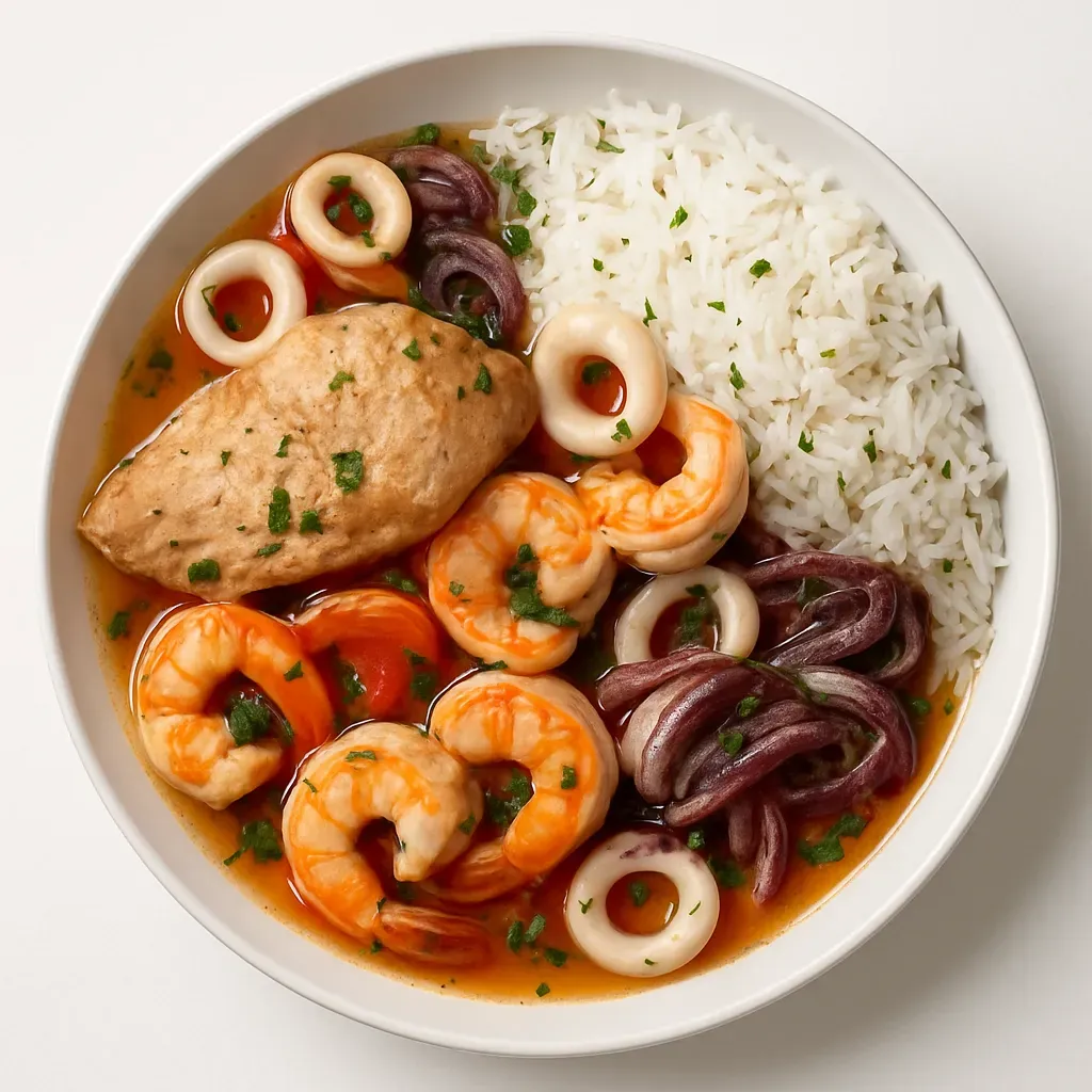 A rich and flavorful seafood stew from Brazil, combining squid, shrimp, and white fish with aromatic herbs and creamy coconut milk for an unforgettable dining experience.
