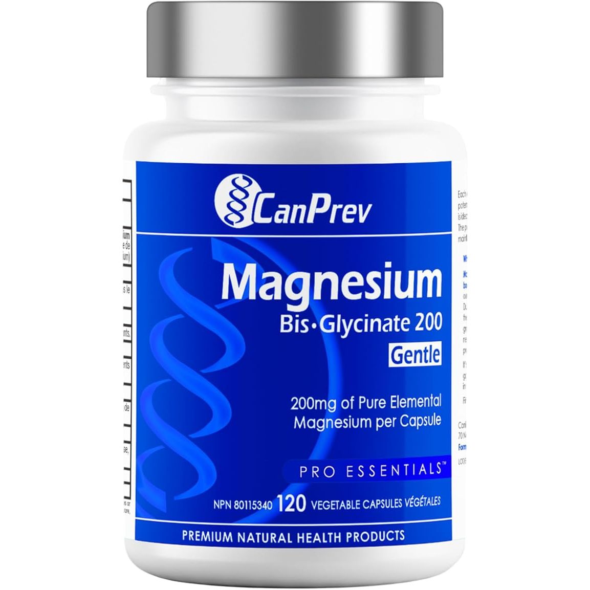 CanPrev Magnesium Bis-Glycinate Gentle is a dietary supplement designed to support bone and muscle function by providing elemental magnesium in a form that is gentle on the digestive system. Each capsule contains 200 mg of pure elemental magnesium in the form of bis-glycinate, a compound known for its high bioavailability and absorption efficiency.