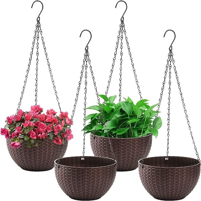 The Foraineam 4 Pack 8.2 inch Self-Watering Hanging Planters are versatile and stylish containers for your indoor or outdoor plants. These planters come in a set of four, each measuring 8.2 inches in diameter, and are a coffee brown color.