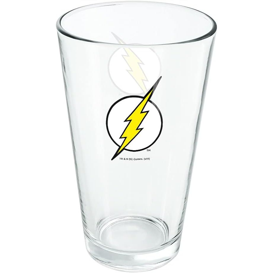 The LOGOVISION The Flash Lightning Bolt Logo 16 oz Pint Glass is a high-quality glassware featuring a licensed printed design of the iconic lightning bolt logo from The Flash TV show. Made from tempered glass, this pint glass is durable and resistant to breakage, making it a long-lasting addition to your collection.