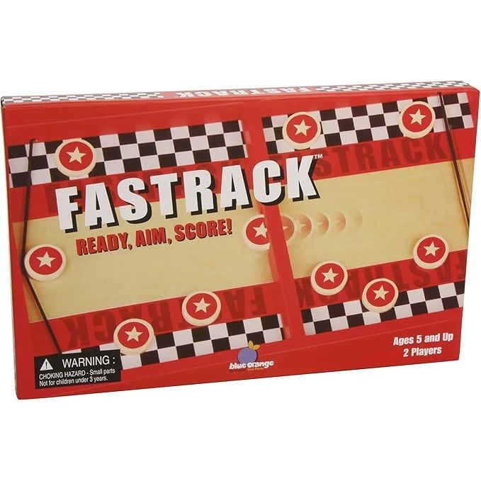 Fastrack Board Game by Blue Orange Games is a high-energy, fast-paced 2-player game that involves shooting small wooden disks through a narrow slot in the middle of the board. The objective of the game is to be the first player to clear all of their discs to their opponent's side of the board.