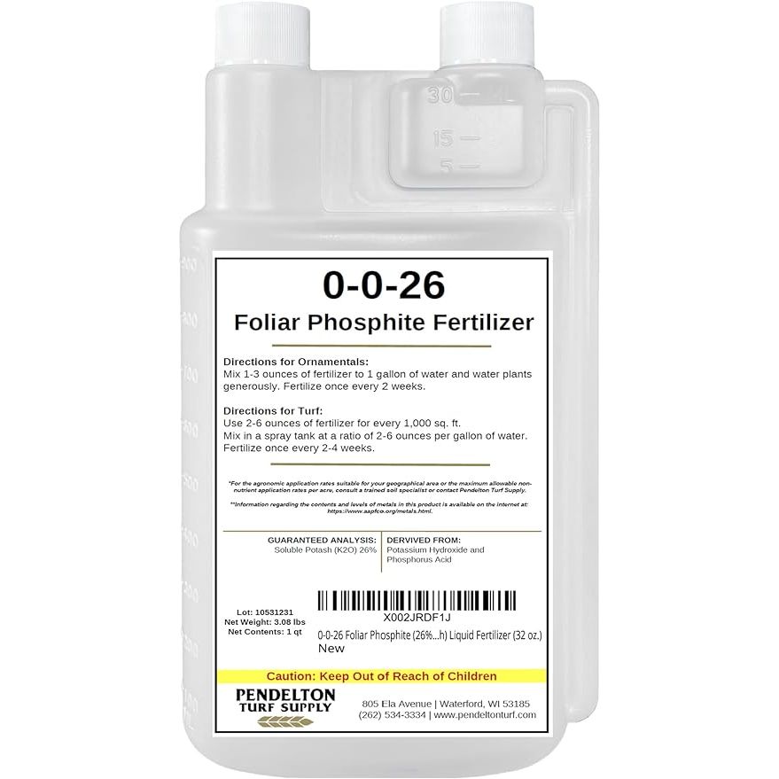 Introducing our 0-0-26 foliage phosphite liquid fertilizer, designed to boost your plants' defense systems during times of stress while providing essential nutrients. Whether you're caring for ornamentals or turf, this fertilizer is easy to use and highly effective. Simply mix 1-3 oz. with 1 gallon of water for ornamentals, or use 2-6 oz.