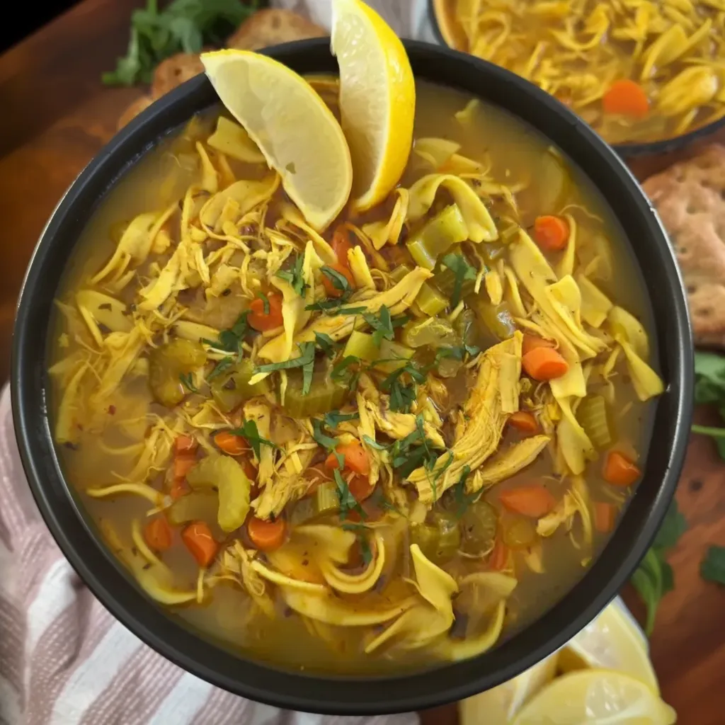 A comforting chicken noodle soup with a refreshing citrus finish, perfect for cozy dinners and cold days.