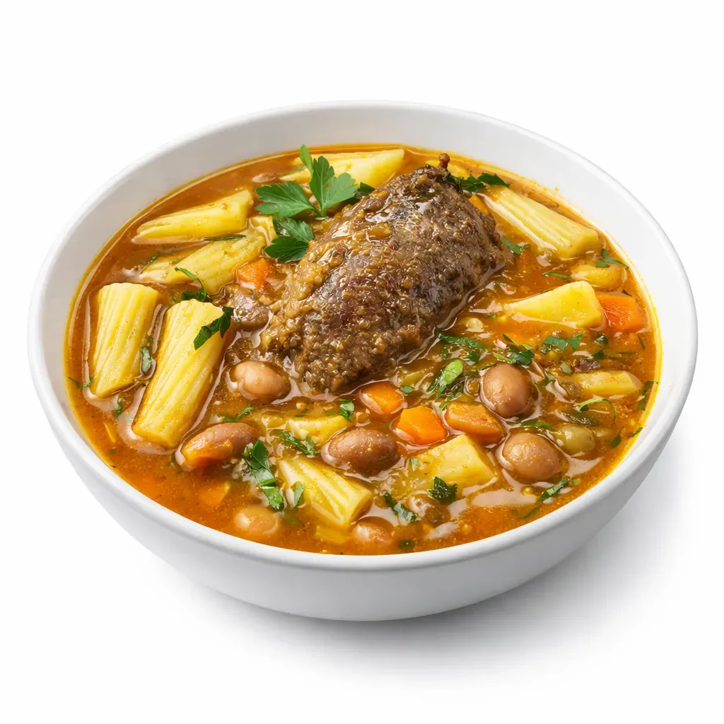 Experience the heart of Ecuadorian cuisine with this hearty Menestrón soup, rich in flavors from beef, vegetables, and canary beans.