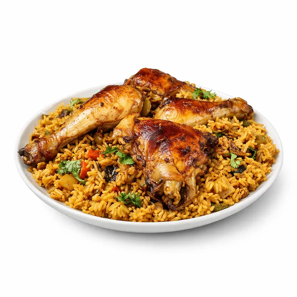 A classic Middle Eastern dish featuring tender chicken and warmly spiced basmati rice, infused with a homemade Baharat spice mix and dried limes for a flavorful experience.