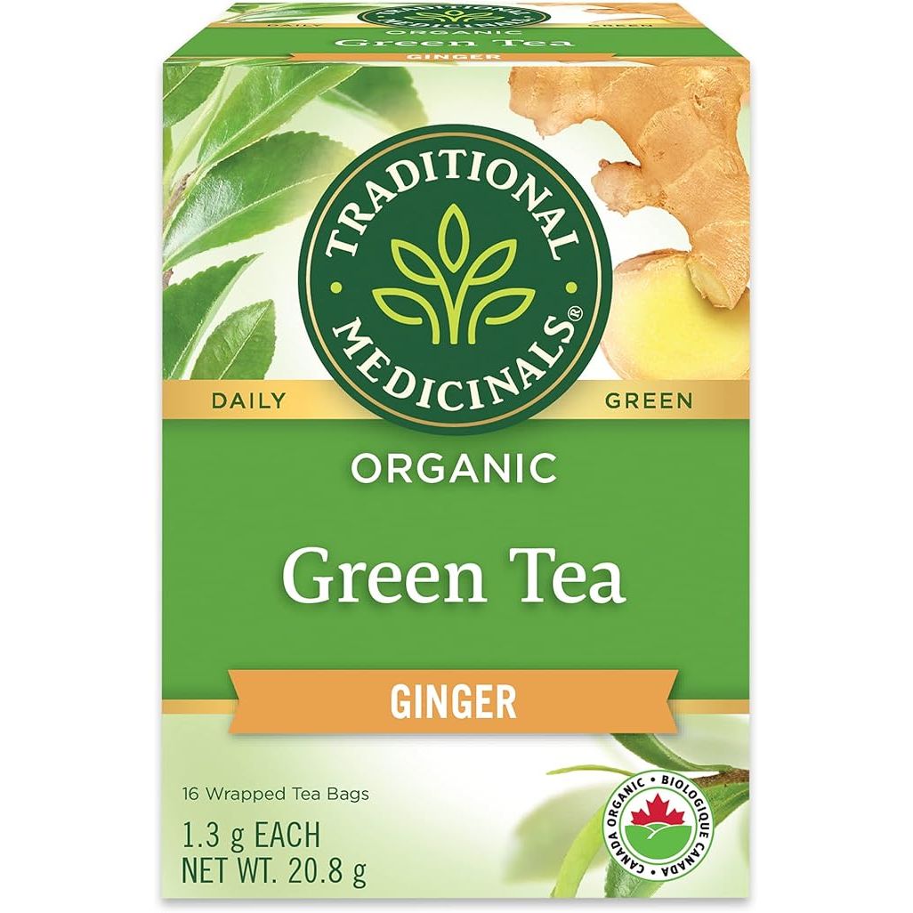 Traditional Medicinals Organic Green Tea Ginger is a pack of 16 tea bags made from sustainably sourced green tea. The blend of green tea and ginger creates a refreshing and energizing beverage that is perfect for a morning pick-me-up or an afternoon boost.