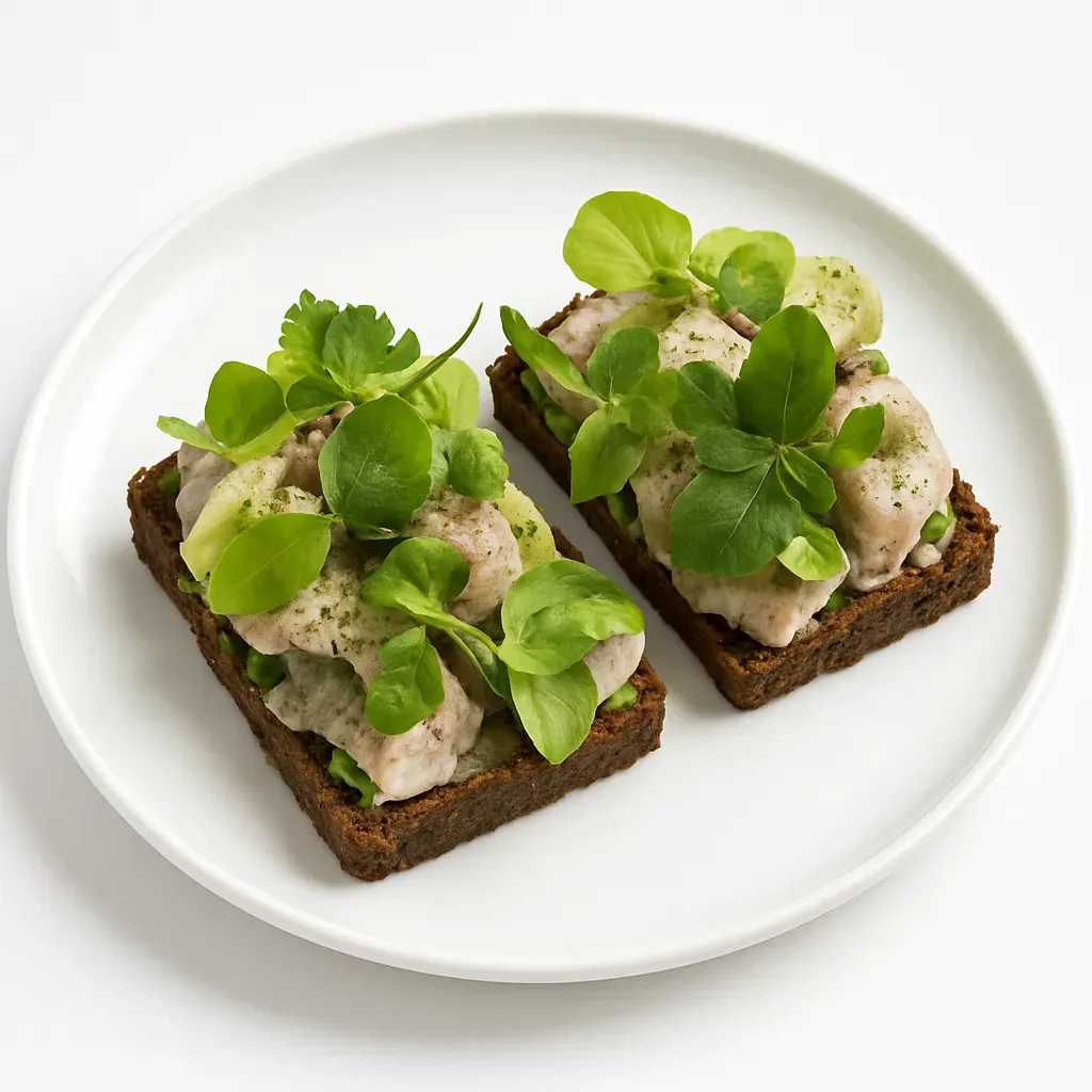 Transport yourself to a traditional Danish Christmas lunch with this delightful dish of marinated herring paired with wild herbs. Enhanced by a unique pickled Brussels sprouts topping, this open-faced sandwich, or Smørrebrød, will impress both the eye and the palate. Enjoy the depth of flavors achieved through an overnight marination process.