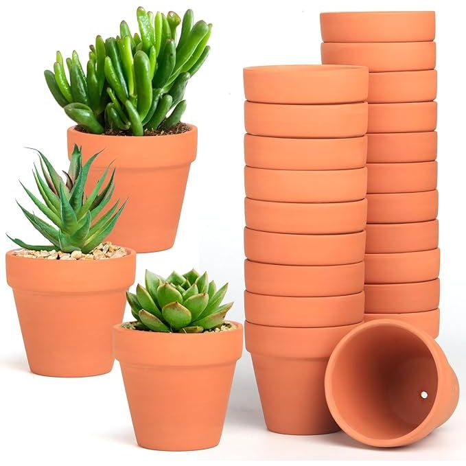 Terra Cotta Pots are small, clay pots typically used for planting and displaying succulent plants. This pack includes 24 pots, each measuring 3.15 inches in diameter, making them ideal for small plants or crafts. The pots come with drainage holes to prevent overwatering and promote healthy plant growth.