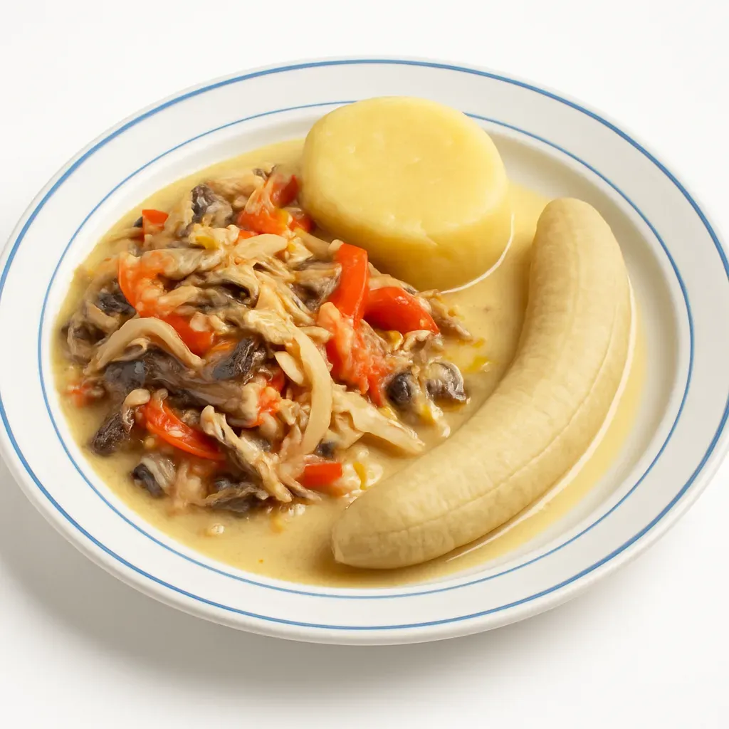 A traditional Jamaican dish featuring salted mackerel cooked in a creamy coconut milk base, accompanied by boiled dumplings, green bananas, and sweet potatoes.