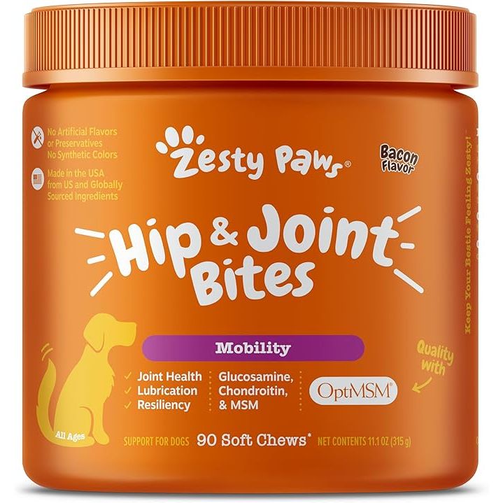 Zesty Paws Hip and Joint Supplement for Dogs is specifically formulated to support your furry friend's joint health. This supplement contains a blend of ingredients including glucosamine, chondroitin, MSM, and vitamins C and E to help provide relief from joint pain and inflammation.