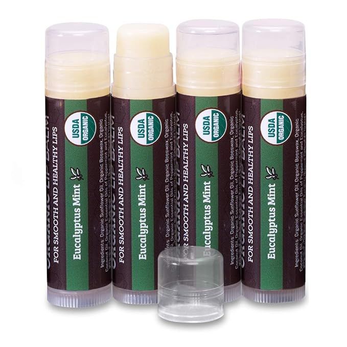 The USDA Organic Lip Balm 4-Pack by Earth's Daughter is a set of four lip balms made with organic ingredients. The Eucalyptus Mint flavor offers a refreshing and invigorating scent. The lip balms are made with natural ingredients such as beeswax, coconut oil, and vitamin E, which are known for their moisturizing and healing properties.