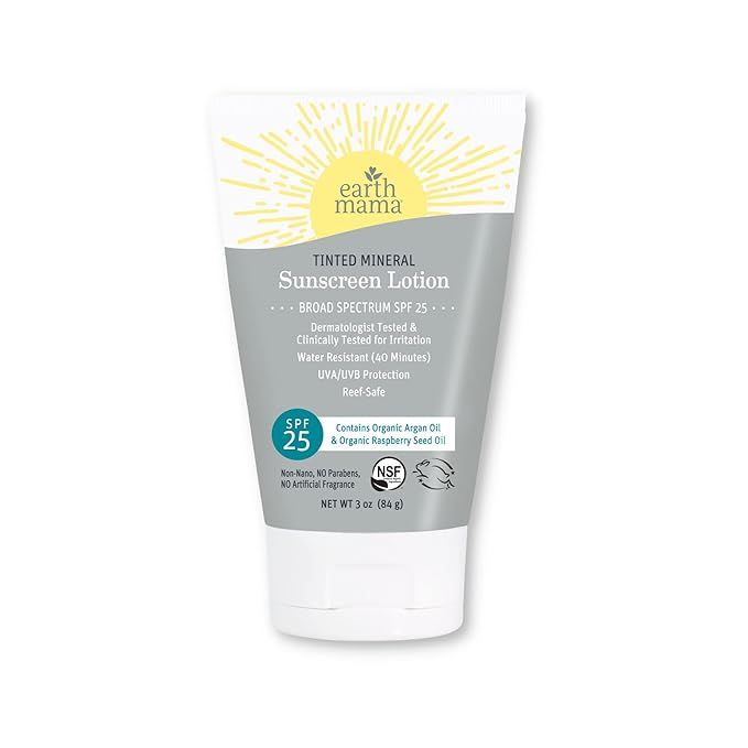 Earth Mama Tinted Mineral Sunscreen Lotion SPF 25 is an all-natural sunscreen that provides broad-spectrum protection against both UVA and UVB rays. It is made with organic ingredients such as argan oil and red raspberry seed oil, which help to nourish and protect the skin while providing a slight tint for a more even complexion.