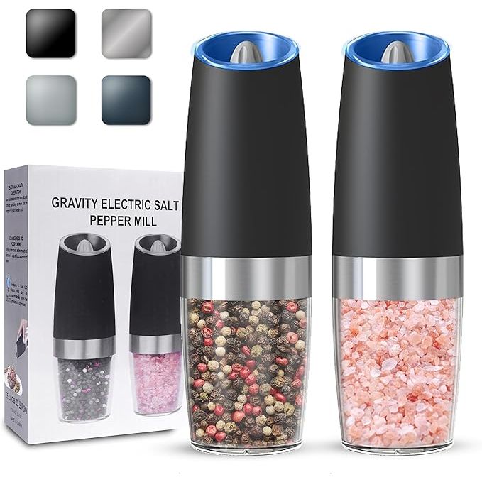 The Gravity Electric Salt and Pepper Grinder set of 2 is a convenient and stylish addition to any kitchen. This set includes two battery-powered grinders that automatically grind salt and pepper with just a simple flip of the grinder.