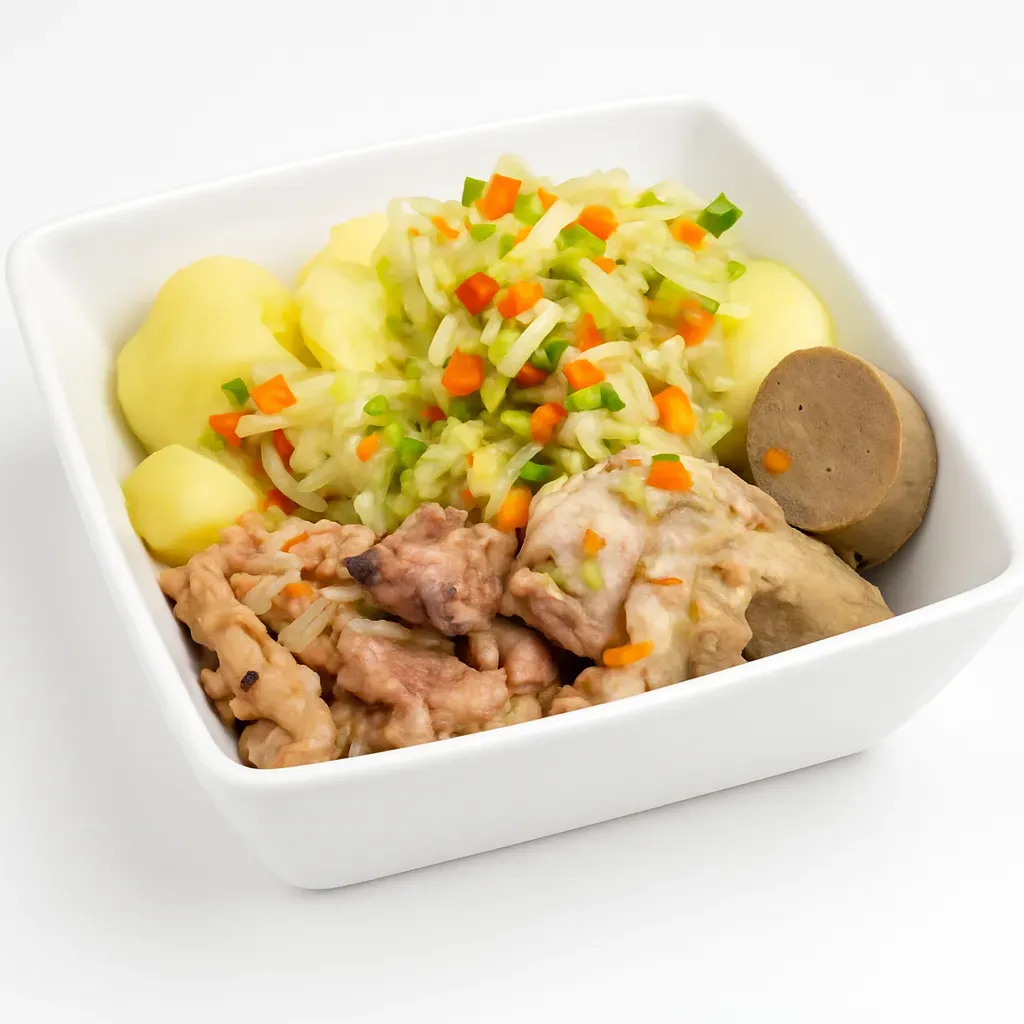 A traditional Bajan dish combining seasoned pork offal with black pudding and cucumber pickle, reflecting the vibrant flavors of Caribbean cuisine.