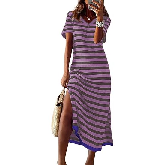 Dokotoo Summer Dress Casual Womens Fashion Short Sleeve Maxi Dress T Shirt Dress Striped Long Color Block Maxi Dress image