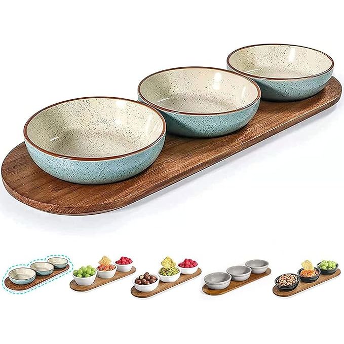 Enhance your dining experience with this elegant Chips and Dip Serving Platter, combining the natural beauty of acacia wood with ultra-fine ceramic craftsmanship. The handcrafted and firmed rounded edges of the dipping bowls make it easy to reach every last bit of sauce, while the matte bottoms prevent slipping and scratching.