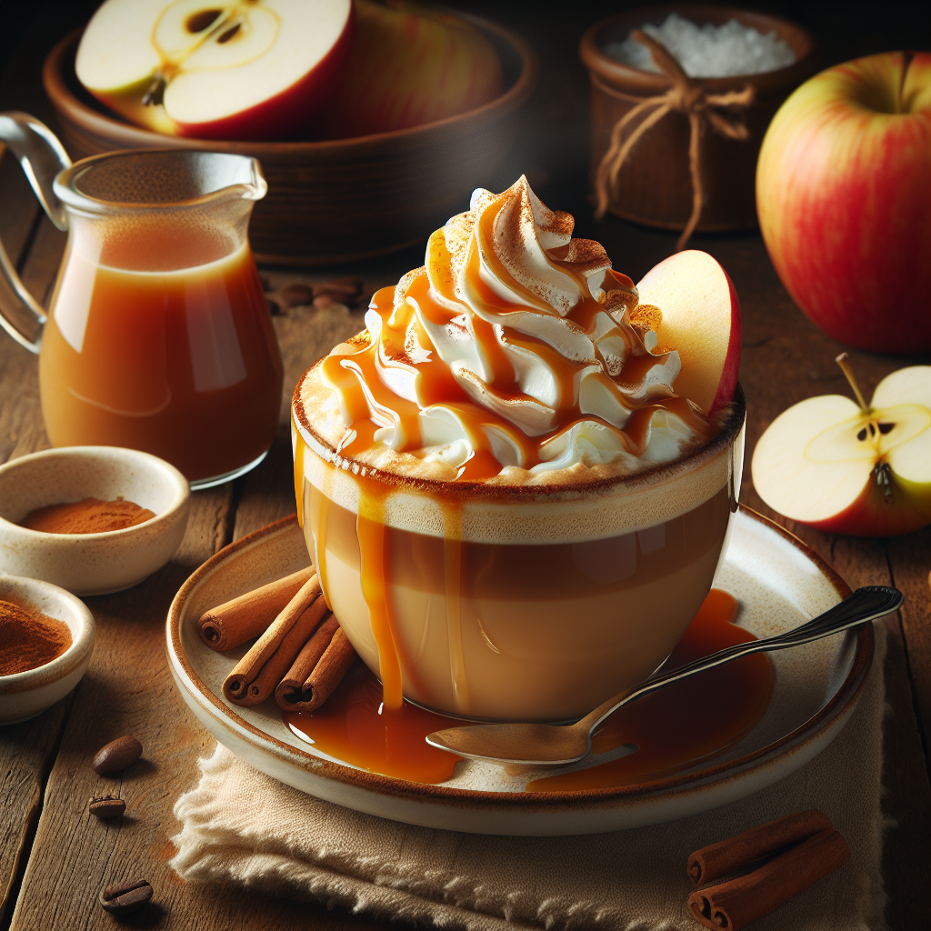 Caramel Apple Coffee is a warm and indulgent beverage that brings together the richness of caramel, the tartness of apple, and the robust flavor of coffee. This cozy drink starts with freshly brewed coffee, which is then infused with apple cider or apple juice for a touch of fruitiness. Caramel sauce is swirled in to add a creamy sweetness that complements the apple flavor perfectly. Topped with whipped cream and a drizzle of caramel, this delightful coffee treat is perfect for sipping on chilly autumn days or whenever you want a special pick-me-up.