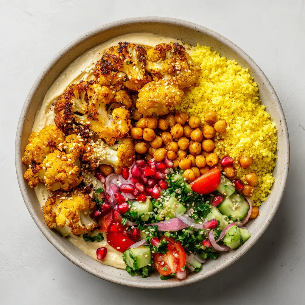 A vibrant and flavorful plant-based dish featuring roasted spiced cauliflower and chickpeas, turmeric-infused couscous, fresh parsley salad, and creamy tahini.