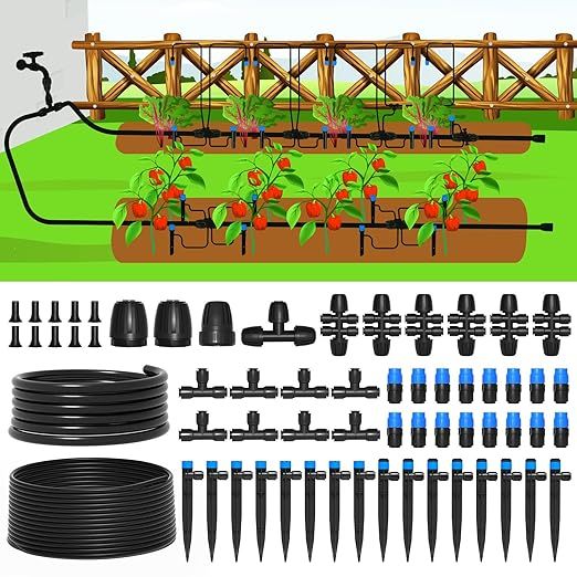 The MIXC 230FT Drip Irrigation System is a convenient and efficient way to water your lawn, raised bed, greenhouse, or garden. This system includes 230 feet of 1/4'' tubing, drip emitters, connectors, and a quick connector for easy installation.