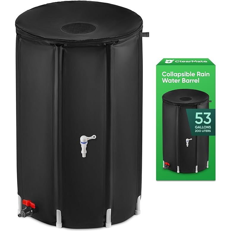 The Rhino CLEARMATE Collapsible Rain Barrel is a 53-gallon rainwater collection system designed to efficiently collect and store rainwater from gutters. This portable rain barrel is made from high-quality, heavy-duty materials for extra stability and durability.