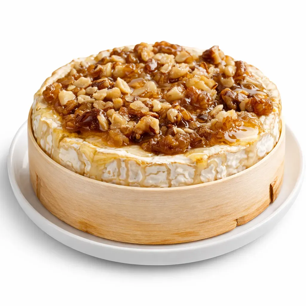 A delightful French classic that combines the creamy texture of baked Camembert cheese with sweet honey and savory sautéed shallots, topped with crushed walnuts for added crunch. Perfect as an appetizer or a light main course to share.