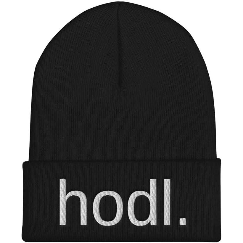 The HODL Hat is an embroidered cuffed beanie inspired by the popular meme in the cryptocurrency community. The term "HODL" originated from a misspelled forum post in 2013, advising fellow investors to hold onto their Bitcoin despite market fluctuations. The hat features the word "HODL" prominently stitched on the front, making it a humorous and on-trend gift for crypto enthusiasts.

Made from high-quality materials, the HODL Hat combines style and functionality to keep you warm while showing off your passion for blockchain technology and Bitcoin. This fun and unique accessory is perfect for wearing during cryptocurrency meetups, conferences, or simply for adding a touch of humor to your winter wardrobe. Whether you're a seasoned trader or a newbie in the crypto space, the HODL Hat is sure to spark conversation and laughter among fellow enthusiasts.

In addition to being a great conversation starter, the HODL Hat makes for a thoughtful gift for any friend or family member who is interested in cryptocurrencies. It's a practical and lighthearted present that showcases their love for Bitcoin and the digital currency revolution. With its playful design and comfortable fit, the HODL Hat is a must-have accessory for any crypto enthusiast looking to make a statement with their winter wear. Description by ChatGPT.