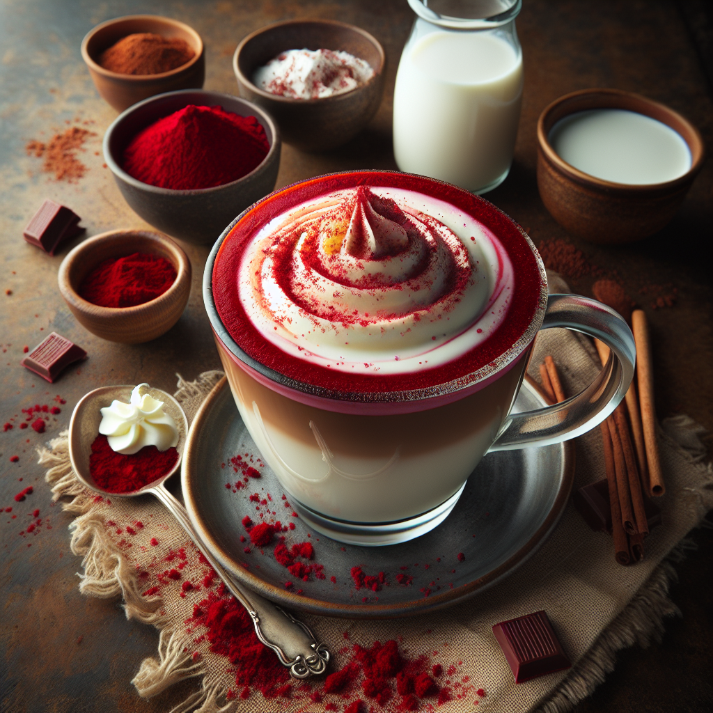 The Red Velvet Latte is a luxuriously creamy and visually striking coffee drink that mimics the classic flavors of a red velvet cake. Its signature red hue is achieved through the addition of red food coloring to the espresso and milk mixture, or by using naturally red ingredients such as beetroot powder.