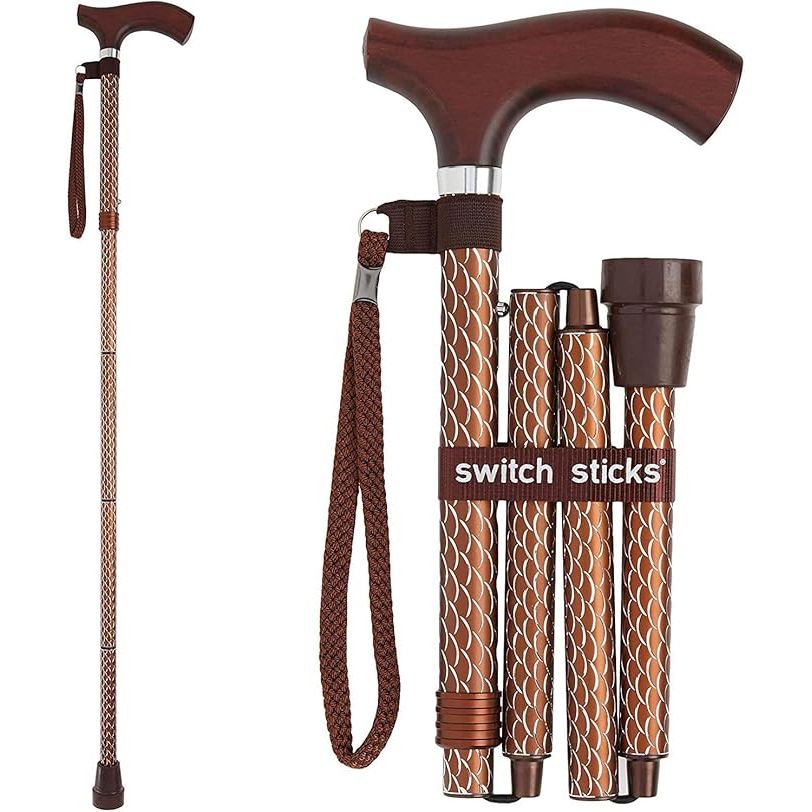 Switch Sticks Walking Canes are stylish and durable mobility aids designed for both men and women. These canes are foldable and adjustable, providing users with the convenience of easily carrying and storing them when not in use. The height of the cane can be adjusted from 32 to 37 inches, making it suitable for individuals of varying heights.