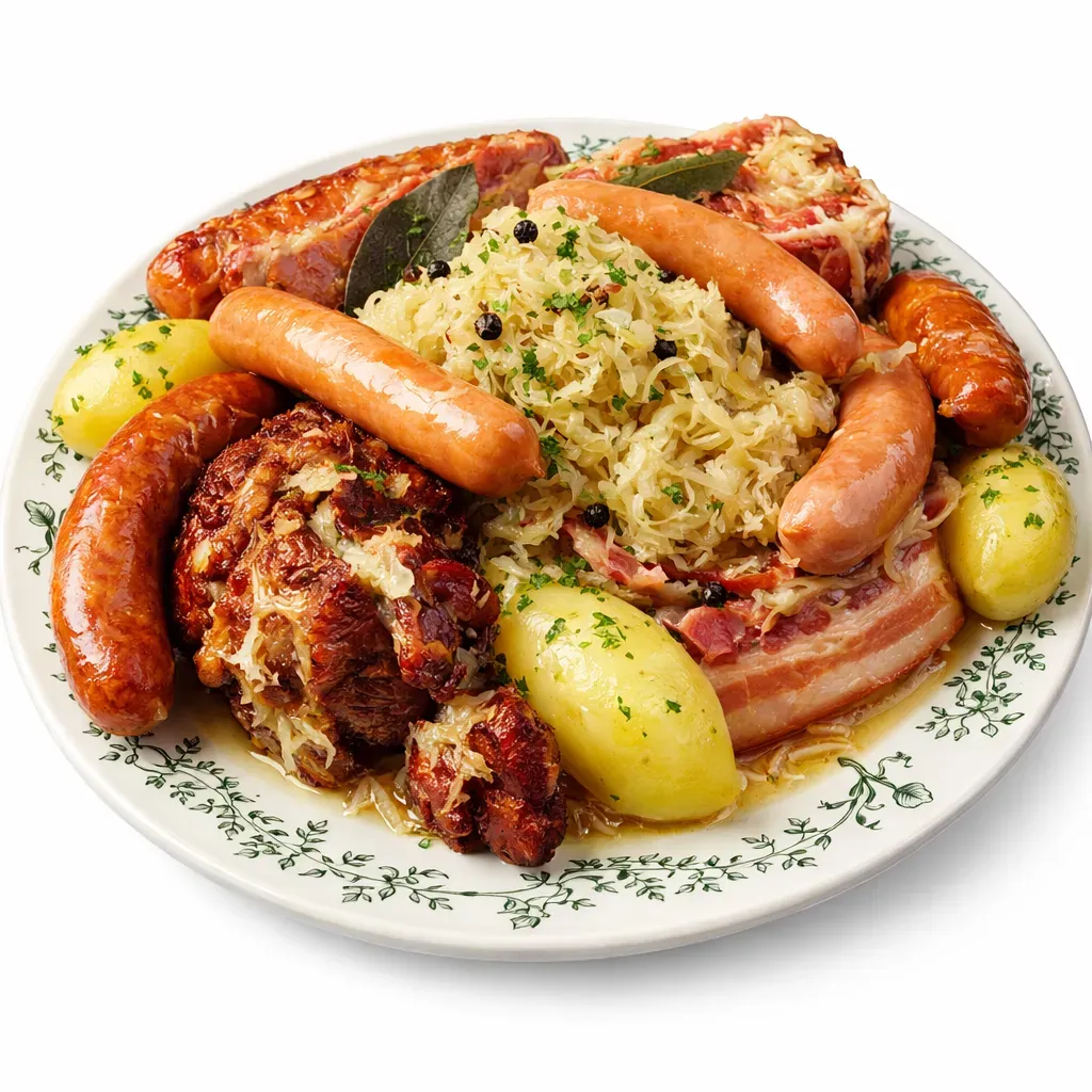 Discover the authentic taste of Alsace with this Traditional Choucroute Garnie, a beloved family dish that brings together tangy sauerkraut and seasoned pork, all enhanced by the delicate flavors of Riesling wine.