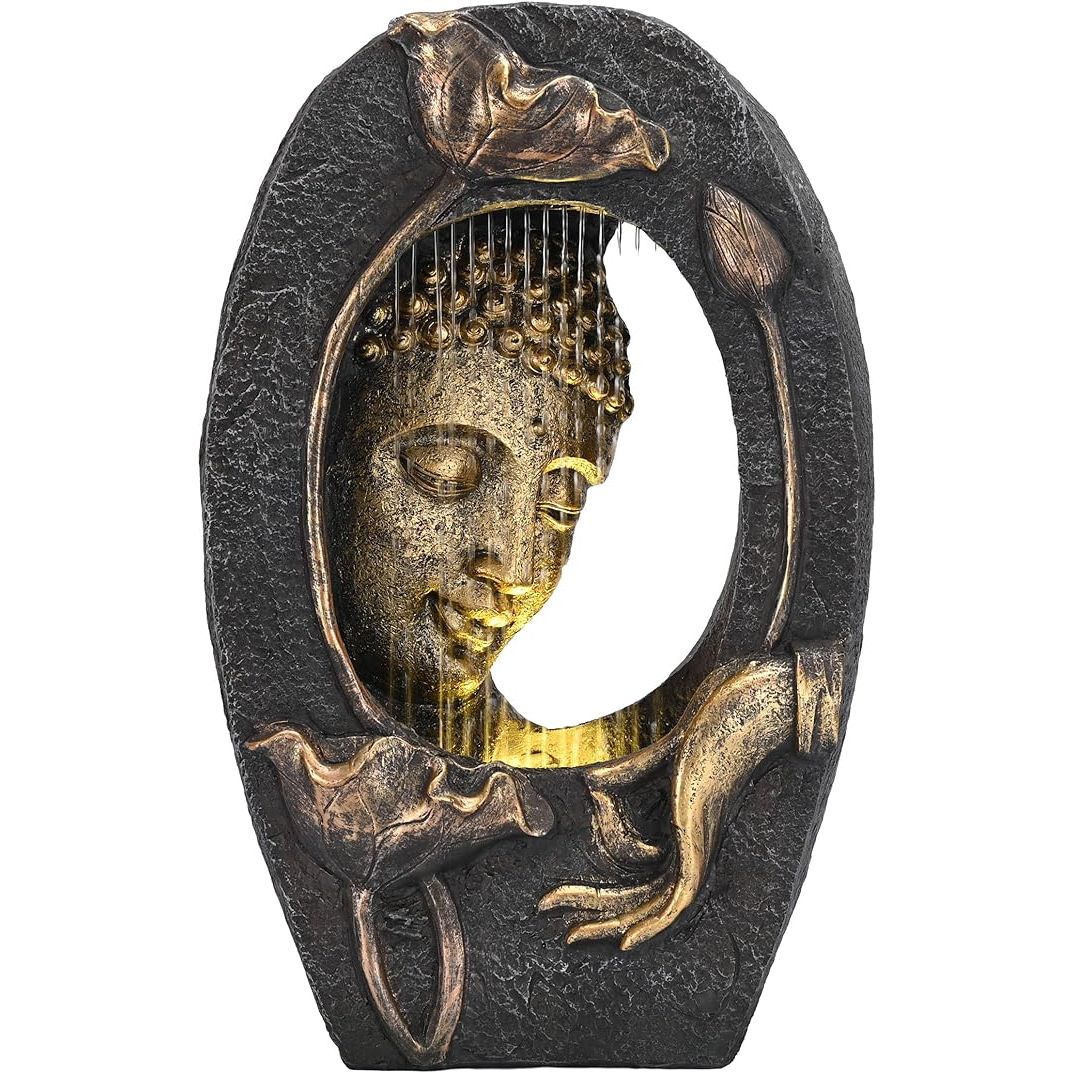 Enhance your home or outdoor space with our original design Buddha fountain, a perfect combination of artistry and functionality. The soothing sound of water flowing from the waterfall, paired with warm LED lights, creates a calming atmosphere that helps relieve fatigue and stress.