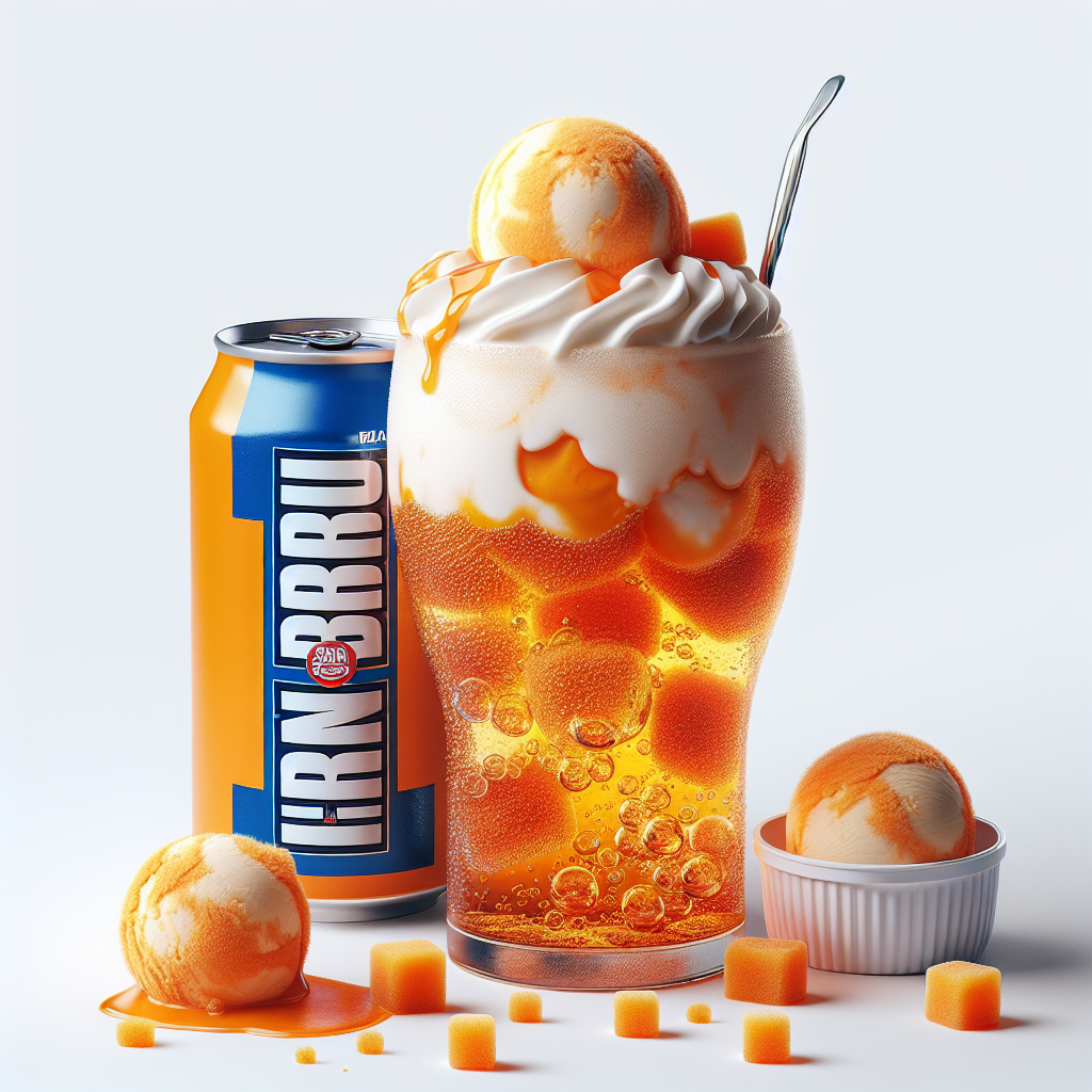 An Irn-Bru Float is a sweet and fizzy Scottish dessert beverage that provides a novel twist on the classic soda float. It features Scotland's popular carbonated soft drink, Irn-Bru, known for its bright orange color and unique fruity flavor, paired with a generous scoop of creamy vanilla ice cream.