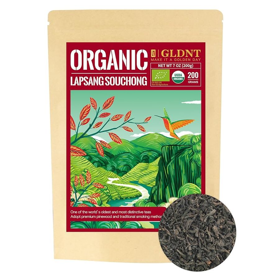 GLDNT Organic Lapsang Souchong Tea is a premium quality Chinese black tea that is organically grown and harvested. The tea leaves are carefully smoked over pinewood fires, giving it a distinct smoky flavor that sets it apart from other black teas.