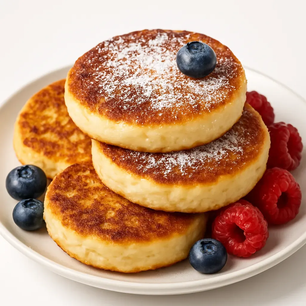 Savor the taste of Latvian tradition with delightful curd pancakes, perfect for breakfast or dessert, featuring creamy cottage cheese and the sweetness of vanilla sugar.