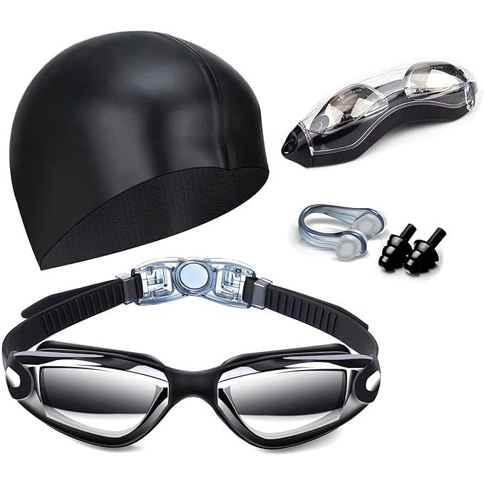 Swim Goggles Swimming Goggles No Leaking with Nose Clip, Earplugs, Swim Cap, and Case is a set of essential swimming accessories designed to enhance your swimming experience. The swim goggles are made with anti-fog and UV protection lenses to provide clear and comfortable vision underwater.