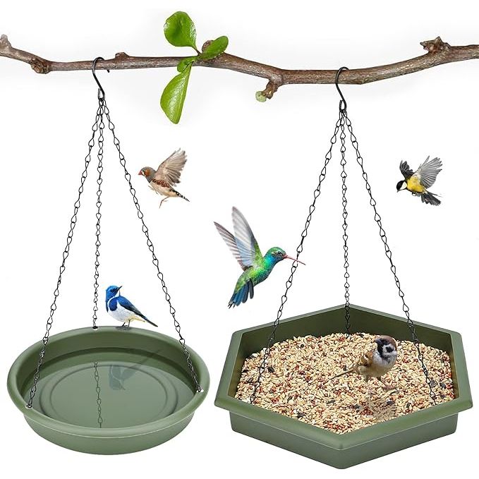 A hanging bird bath is a dual-purpose bird feeder and bath that provides a convenient and attractive way for birds to drink and bathe in your outdoor space. The 2-in-1 design allows you to attract a variety of bird species with water and food, making it a popular choice for bird enthusiasts.