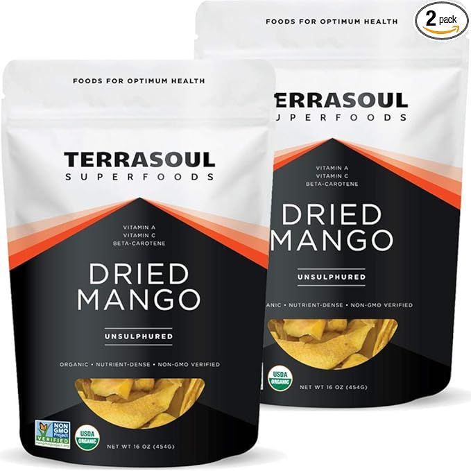 Enjoy the sweet and tangy taste of Terrasoul Superfoods Dried Mango Slices, now available in a convenient 2-pound pack. These mango slices are certified organic, non-GMO, raw, kosher, gluten-free, and vegan, making them the perfect healthy snack option for all dietary preferences.