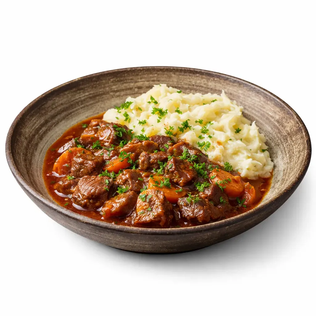 Kokkinisto is a quintessential Greek stew made with tender beef and simmered in a rich tomato and red wine sauce, embodying the comforting flavors of Greek cuisine.