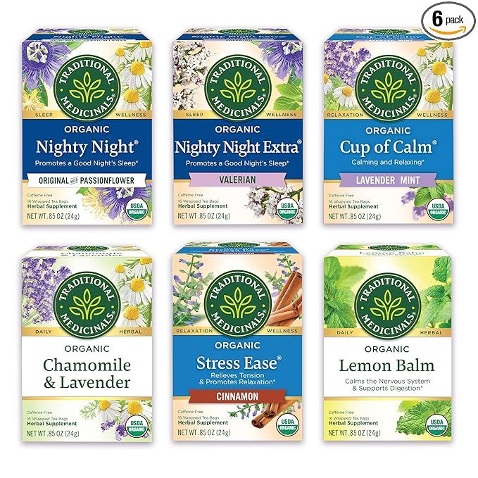 Traditional Medicinals Tea is a brand known for its organic herbal teas that are formulated to promote health and well-being. This tea variety pack includes 6 different flavors aimed at providing stress relief and promoting relaxation for better sleep. Some of the flavors included in the pack are lavender, chamomile, lemon, and valerian root.