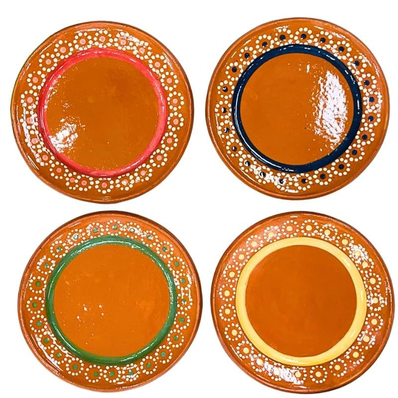 The Set of 4 Large Capula Sencillo Plates is a collection of handmade artisan kitchen plates inspired by Mexican design. Crafted by Guelaguetza Designs, these plates bring a touch of traditional Mexican culture to your home decor.